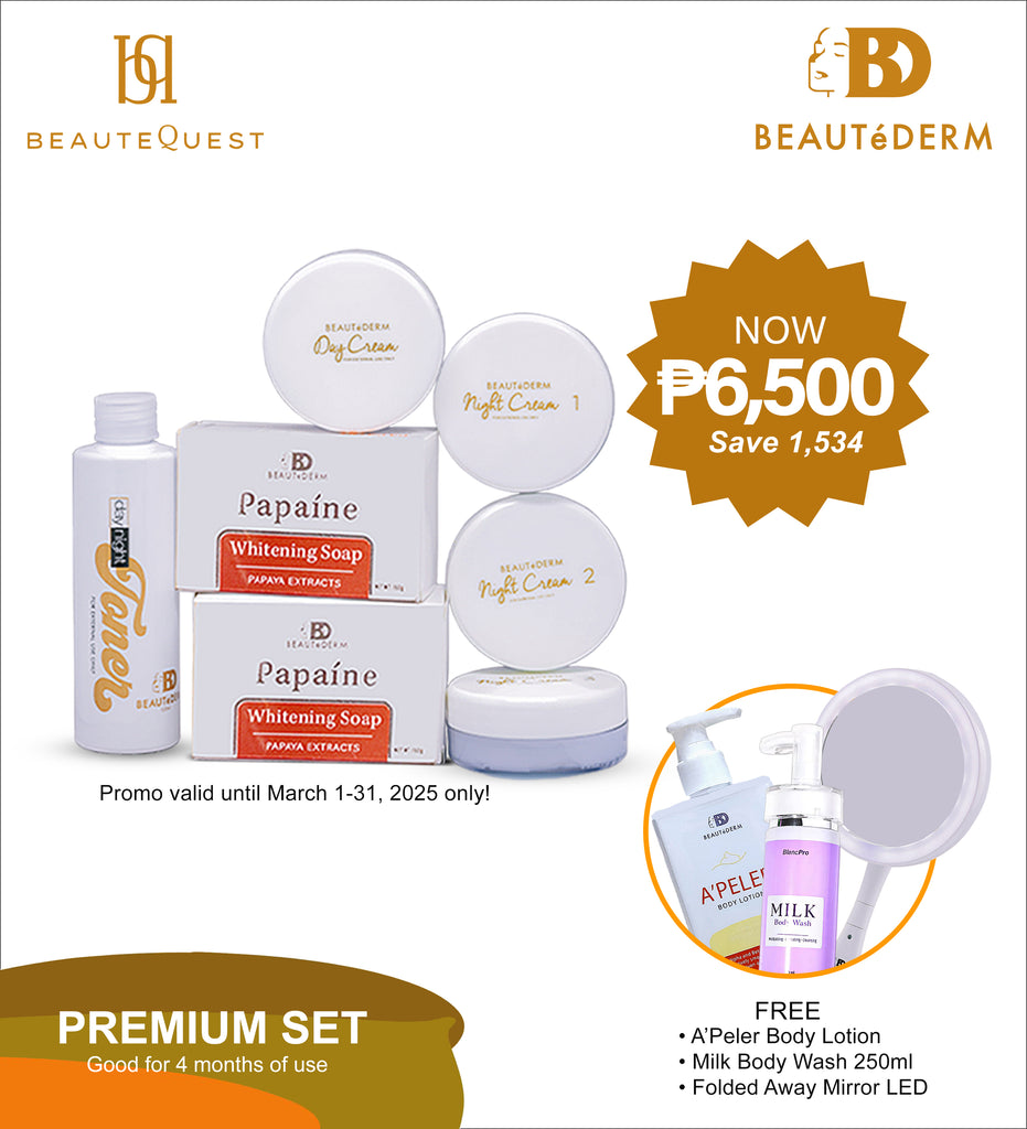 Beautederm Premium Set with Free A'Peler Body Lotion, Milk Body Wash 250ml & Folded Away Mirror LED