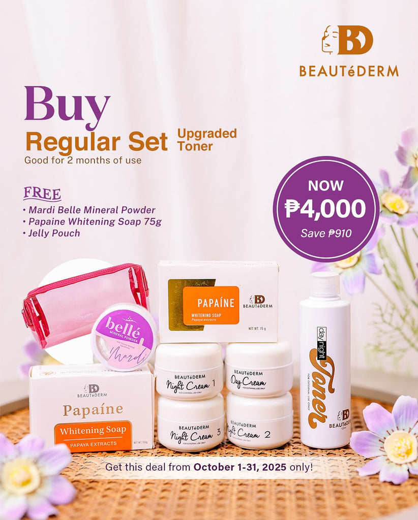 Beautederm Upgraded Toner Regular Set with Free Belle Mineral Powder, Papaine Whitening Soap 75g & Jelle Pouch