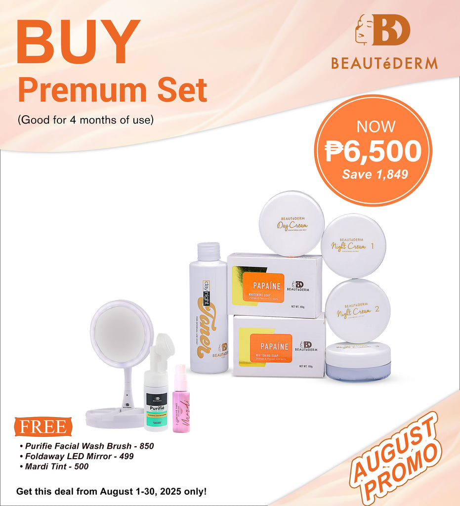 Beautederm Premium Set with Free Foldedaway LED Mirror, Purifie Facial Wash with Brush & Mardi Tint