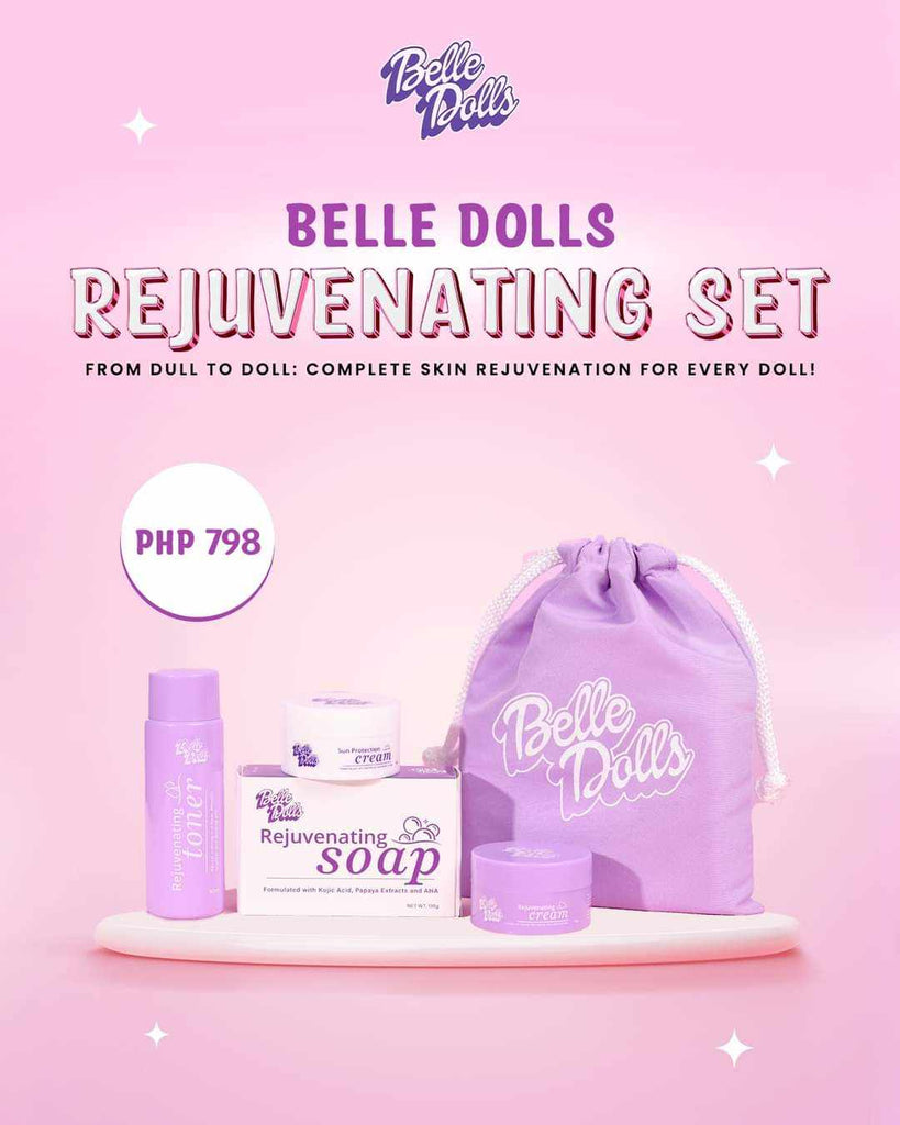 Belle Dolls Complete Rejuvenating Skincare Set – 4-Step System for Brighter, Clearer Skin | Soap, Toner, Night Cream & Day Sun Protection